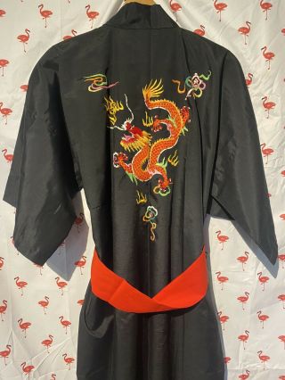 Vintage Chinese Embroidered Dragon Kimono Longevity Sz S/m Black Robe A5686
