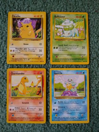 Pokemon Base Set Starters: Pikachu,  Bulbasaur,  Charmander,  Squirtle - Near