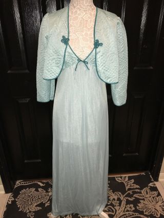 Vtg Sears Aqua Satin Quilted Short House Coat Robe Dressing Gown Medium 2pc Set