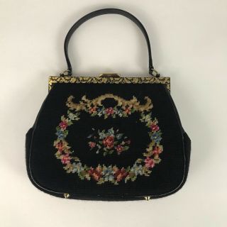 1950s Tapestry Purse / Black Floral Print Top Handle Handbag