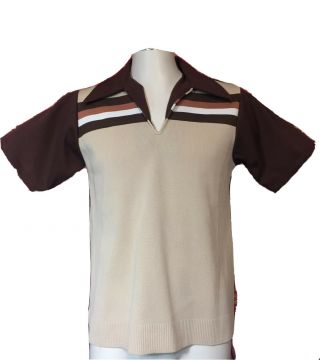 Vtg 50s 60s Gaucho Originals Brown Polyester Collared V Neck T - Shirt Size L
