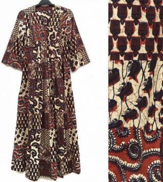 Vtg 70s Smart Time Brown Numbers Fish Patchwork Novelty Print Maxi Dress Large