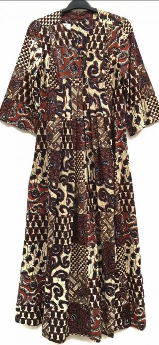 VTG 70s Smart Time Brown Numbers Fish Patchwork Novelty Print Maxi Dress Large 2