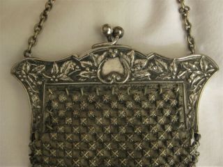 Art Nouveau Antique German Silver Mesh Purse Chainmail Leather Interior