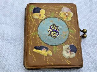 Antique Leather Coin Purse Hand Painted Pansy Front Art Nouveau Hard To Find