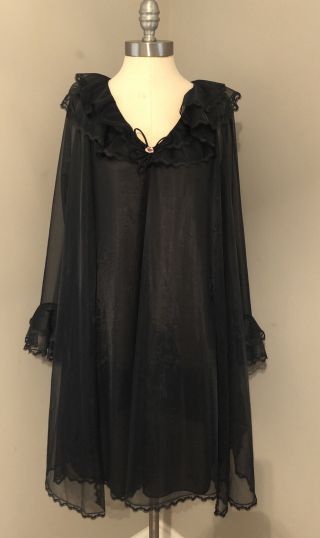 Vtg Vanity Fair Peignoir Set Babydoll Nightgown Robe Nylon Chiffon Lace S Black