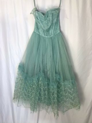 Vintage 50s Blue Lace Tulle Party Dress Strapless Sweetheart Bodice Full Skirt