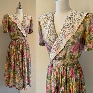 Vtg 80s Semi Sheer Floral Watercolor Lace Collar Midi Dress Garden Tea Party S/m