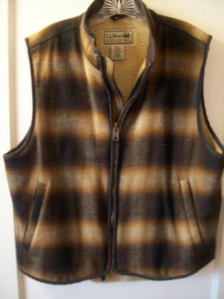 Vintage Ll Bean Wool Blend Sherpa Lined Zip - Up Vest Brown/camel/tan Plaid Mens M
