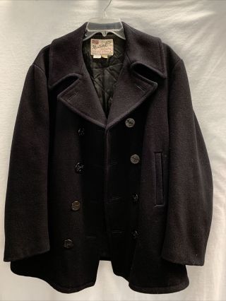 Vtg 50s Monterey Club Black Navy Wool Pea Coat Sz 42 Fully Lined Made In The Usa