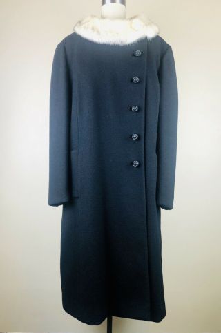 Vintage 50s 60s Black Wool Long Coat White Rabbit Fur Collar Winter Sz M/l Usa