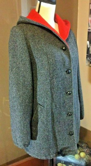 True Vintage 70 ' s MacKintosh black gray red houndstooth 100 wool hood coat S/M 2