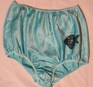 Vintage Betty Page Aqua Shiny Granny Panties High Waist Briefs Xxl Embroidered