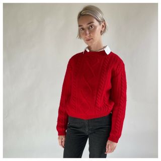 80s Benetton Red Cable Knit Fisherman Sweater Shetland Wool Made In Italy