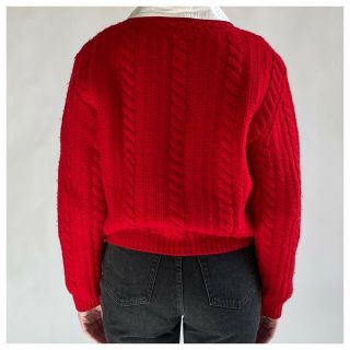 80s Benetton Red Cable Knit Fisherman Sweater Shetland Wool Made in Italy 2