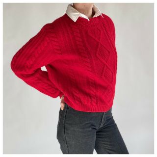 80s Benetton Red Cable Knit Fisherman Sweater Shetland Wool Made in Italy 3