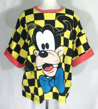 Vtg 80s 90s Goofy Disney Checkerboard All Over Print Boxy Roll Sleeve T Shirt Xl