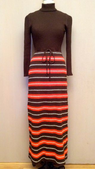 Vtg 70s Knit Crochet Maxi Sheath Mod Retro Stretch Dress Orange Brown Boho Xs/s