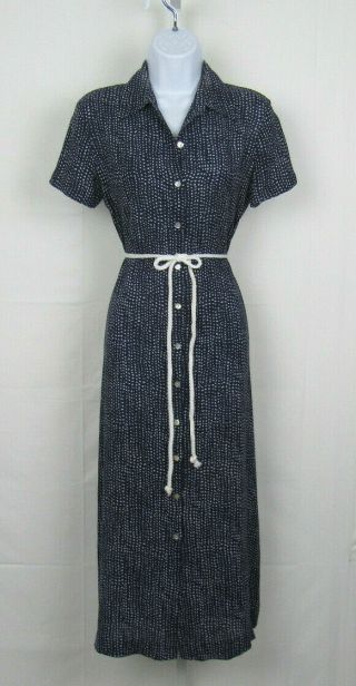 Vtg 1960s 70s I.  Magnin Blue Silk Dress Off White Spots Belt Abalone Buttons