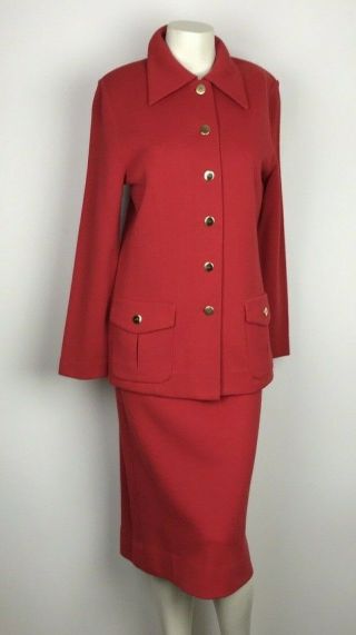 Castleberry Red Vintage 2 - Piece Knit Skirt Suit Goldtone Buttons Women 