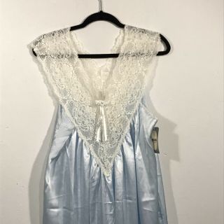Vintage Miss Dior Nos Powder Blue Long Satin Nightgown Lacy Romantic Small Usa