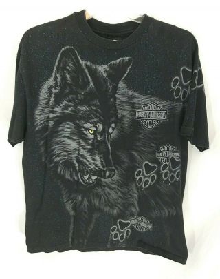 Vtg Harley Davidson All Over Print Wolf Black T - Shirt Xl