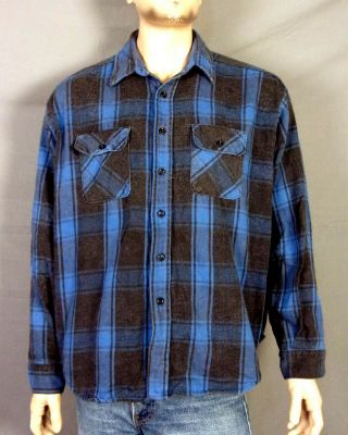 Vtg 70s Five Brother Blue Black Big Plaid Heavy Cotton Flannel Shirt 2xl / 18
