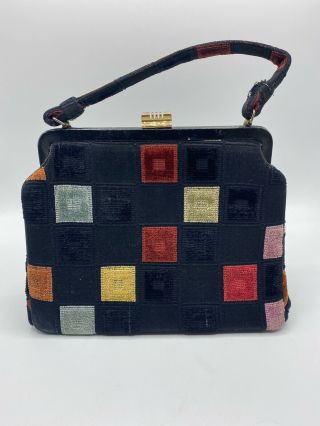 Pre Owned Crown Lewis Tapestry Art Deco Purse Handbag Black Patent Multi Color