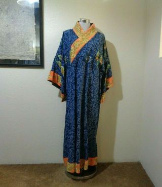 Vintage J Peterman Blue/orange Dragons/birds/swirls Cotton Asian Style Caftan
