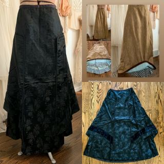 2 Antique Victorian Skirts - 1 Gold Print W/ Aqua Lining - 1 Black Print W/ Velvet