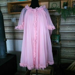 Vtg 60s Sheer Lingerie Pink Peignoir Set Robe Gown Babydoll Frilly Ruffles S/m