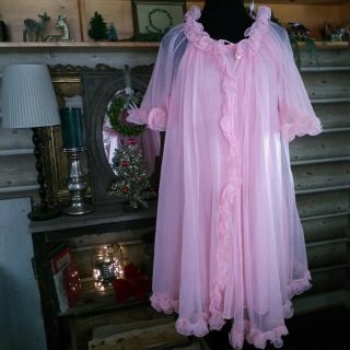 Vtg 60s Sheer Lingerie Pink Peignoir Set Robe Gown Babydoll Frilly Ruffles S/M 2