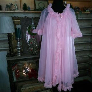 Vtg 60s Sheer Lingerie Pink Peignoir Set Robe Gown Babydoll Frilly Ruffles S/M 3