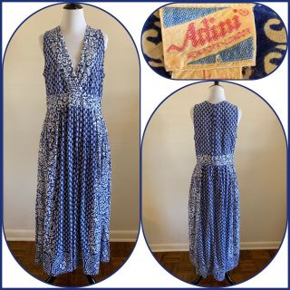 80s Adini Indian Cotton Gauze Sun Dress Floral Boho Block Print 70s Vtg