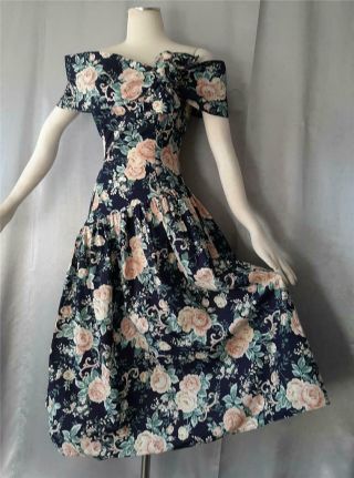 Romantic Vintage 1980s Gunne Sax Off - The - Shoulder Cotton Floral Party Tea Dress