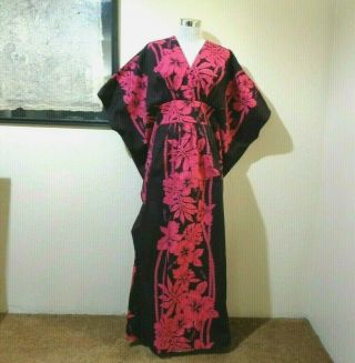 70s Aloha Hawaiian Fashions Black/pink Tropical Floral Print Cotton Maxi Caftan