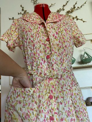 Vintage 40s 50s Kitschy Cotton Day Dress Matching Belt 33 Waist