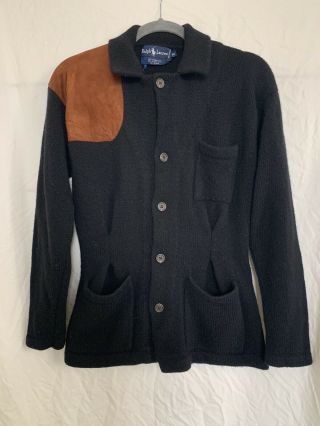 Vintage Ralph Lauren Sz Med Black Wool Fitted Cardigan Collar Suede Patch