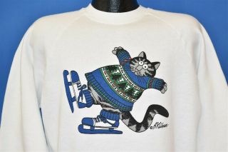 Vintage 80s B Kliban Fat Cat Ice Skating Sweater Christmas Winter Sweatshirt L