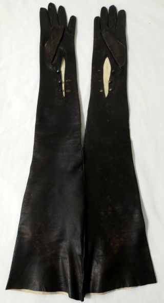 Size 7,  26 Inch Vintage Dark Brown Extra Long Kidskin Leather Opera Gloves