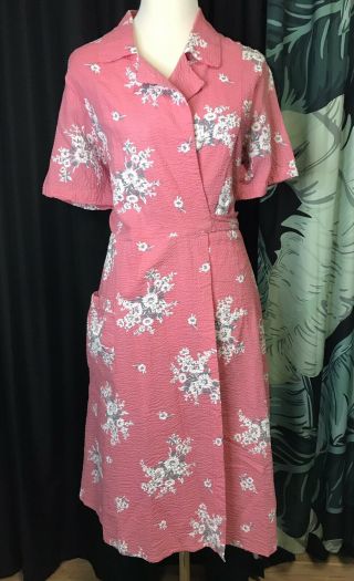 Vintage 50 ' s Pink Dress Shirtdress Wrap House Shirt Sears Women ' s L 1950s vtg 2