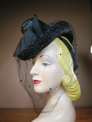 Vintage 1930s 40s Black Cellophane Straw Tilt Doll Hat Chimney Crown Veil M19