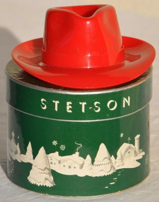 Rare Vintage Stetson Red Plastic Miniature Salesman Hat & Xmas Christmas Box Old