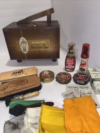 Vintage Esquire Shoe Care Chest Shoe Shine Box With Brushes And Accessories