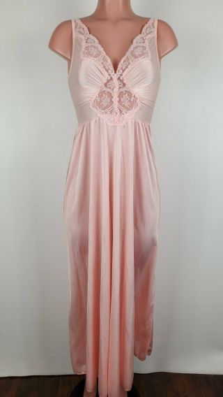 Vtg Olga Liquid Satin Bodysilk Pink Nightgown Nylon Lace Gown 92087 Lingerie M