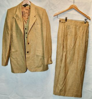 Vintage J Peterman Co Womens 3 Pc Skirt Suit Wool Cream Tan Blazer Vest M