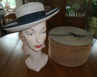 Vintage 1940s Stetson Hat Camel Taupe Black Trim Side Bow W/ Tag & Box
