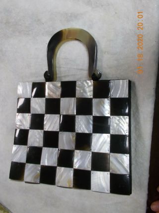 Mother Of Pearl Evening Bag/vintage Purse Handbag W/lucite Handles Black & White