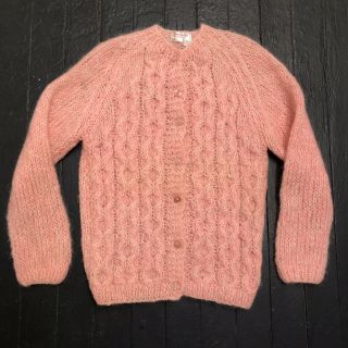 Vtg 50s 60s Hand Knit In Italy Fuzzy Pink Wool & Mohair Sweater Cardigan L