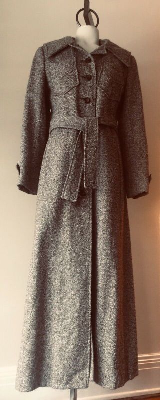 1970s Vintage Flecked Tweed Wool Maxi Coat W/ Belt,  Hood.  Princess Cut Sz 4 To 6